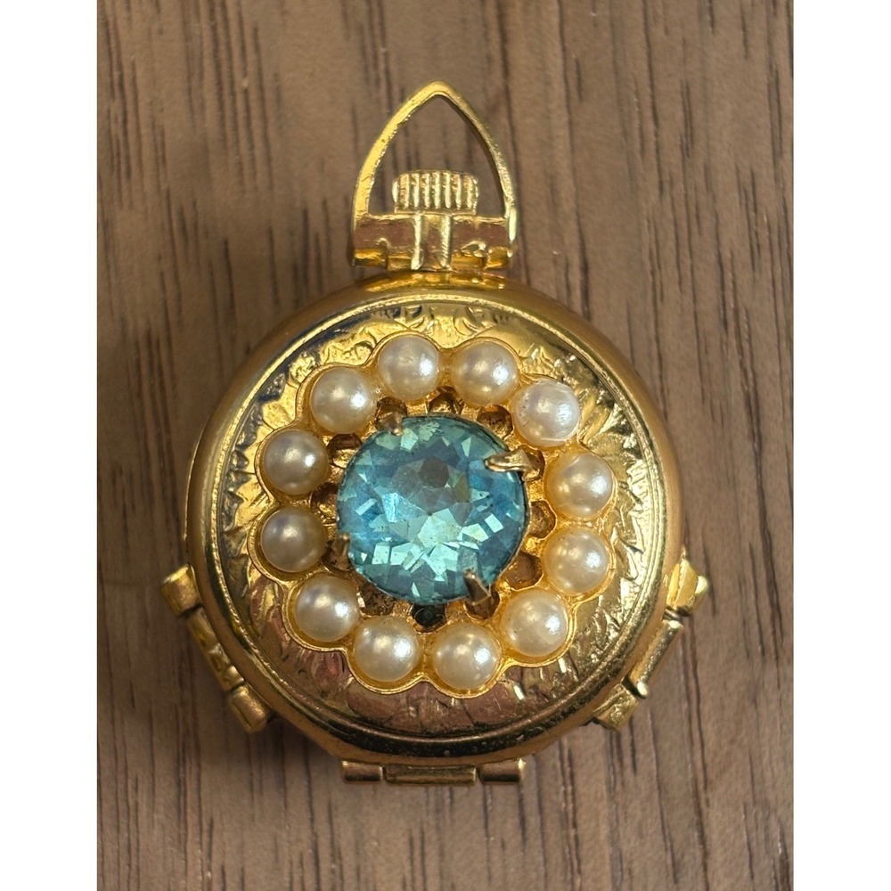 1960s Gold Tone Victorian Revival 4 Way Photo Locket Blue Stone Pearl Accents